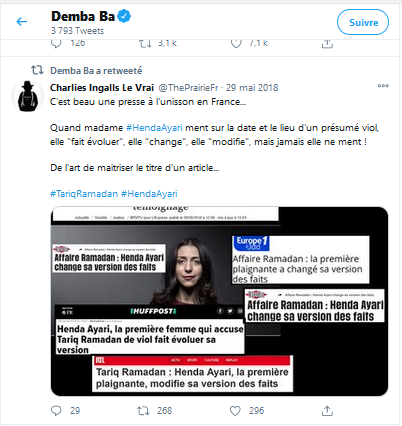 KarenAdhar's tweet image. Demba Ba n'aime pas toutes les victimes. En fait il ne dénonce que si la victime a la bonne couleur/religion ou si le coupable n'a pas la bonne origine/religion.On se souvient qu'il participa à calomnier Henda Ayari la femme qui avait porté plainte pour viol contre Tariq Ramadan.