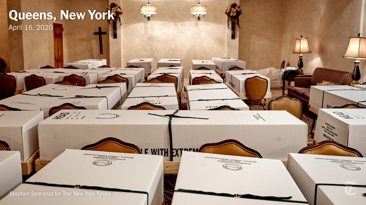 In April, Stephen Speranza photographed a family-owned funeral home near Elmhurst Hospital in Queens. “It had one of those curtain dividers and it was pulled wide open and the boxes were just laid out across the chairs. Cardboard boxes made for bodies.”  https://nyti.ms/2K8tBIt 