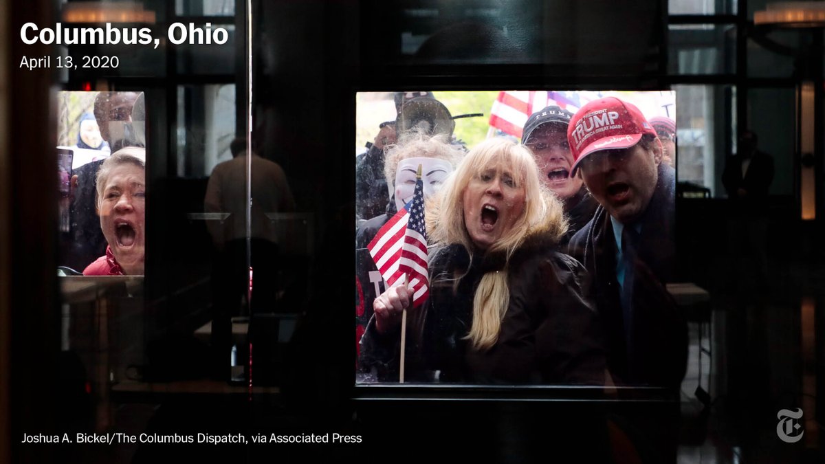 As U.S. governors issued stay-at-home orders and closed schools and nonessential businesses to combat the pandemic, protesters gathered. Joshua Bickel, a photographer for the Columbus Dispatch, captured demonstrators outside the Ohio capitol in April.  https://nyti.ms/2K8tBIt 