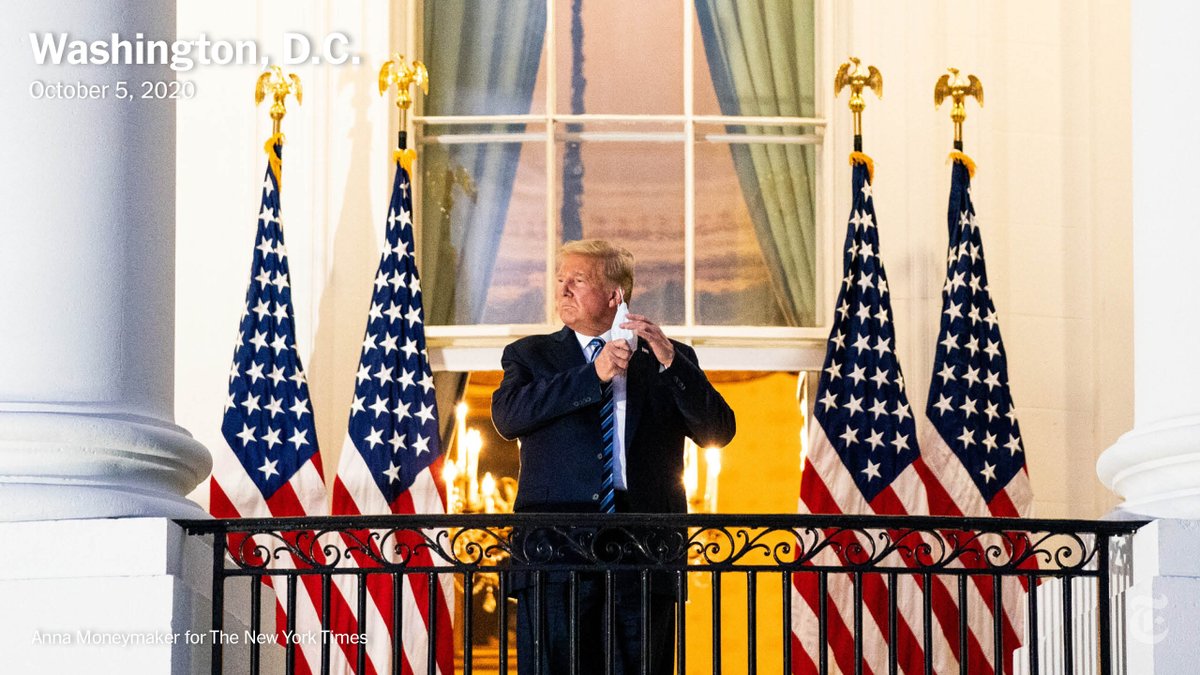 President Trump tested positive for the coronavirus and was briefly hospitalized in October. Upon returning to the White House, he removed his mask and played down the risks of the coronavirus. Anna Moneymaker captured the moment.  https://nyti.ms/3n5suHS 