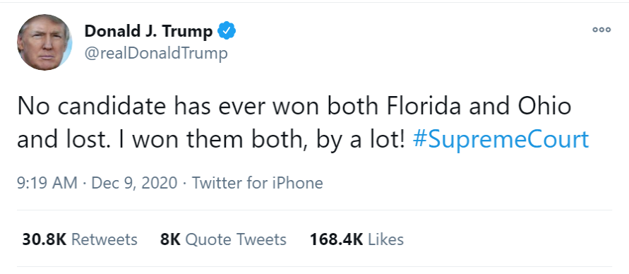 Here: winning OH & FL is a sign of winning the election. 1: not true, Kennedy won in 1960, but lost OH & FL. h/t  @KevinMKruse2: there's no "natural" relationship between winning those two states & winning the election.3: there's no causal link b/n winning OH & FL & winning.