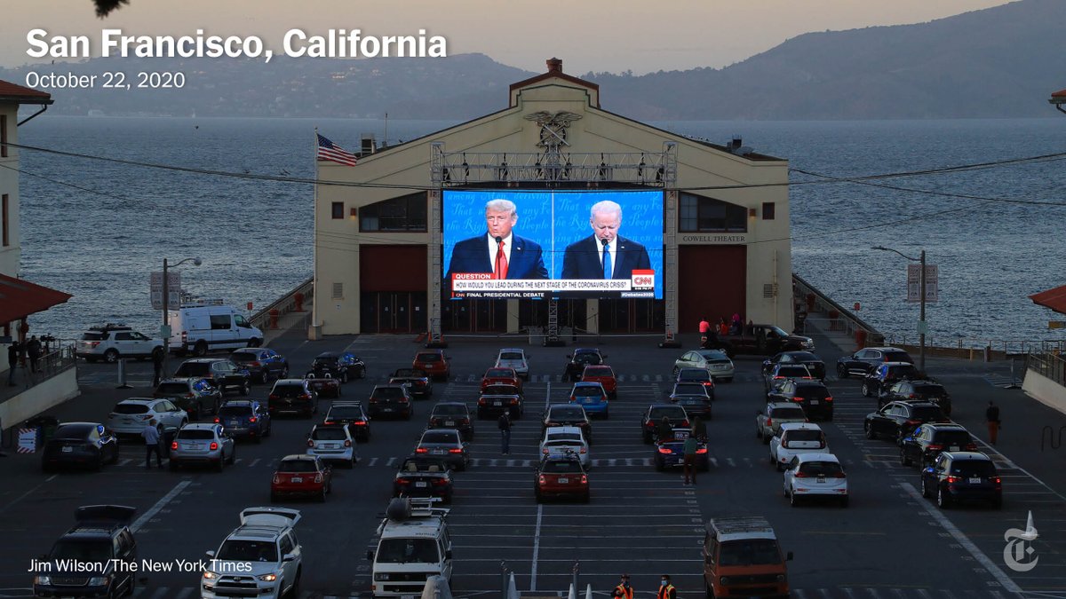 In the final presidential debate of the pandemic year, the candidates’ microphones were muted at times to avoid a repeat of their first face-off, a chaotic spectacle with frequent interruptions. In California, it was shown drive-in style on a giant screen.  https://nyti.ms/3n5suHS 