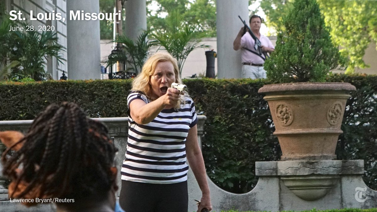 In late June, Patricia and Mark McCloskey brandished firearms as protesters marched by their St. Louis home. Lawrence Bryant was covering the protest for Reuters: "Her finger was on the trigger. I didn’t know what to expect," he said.  https://nyti.ms/37R30HN&nbsp;