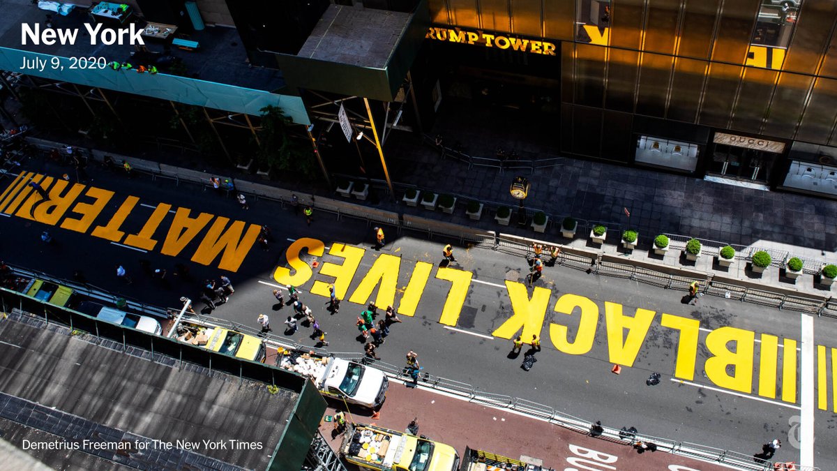 In July, as protests continued in the wake of George Floyd’s death, New York City painted a Black Lives Matter mural on Fifth Avenue outside Trump Tower. The city’s announcement of the painting provoked an inflammatory response from President Trump.  https://nyti.ms/3qFQmUT 