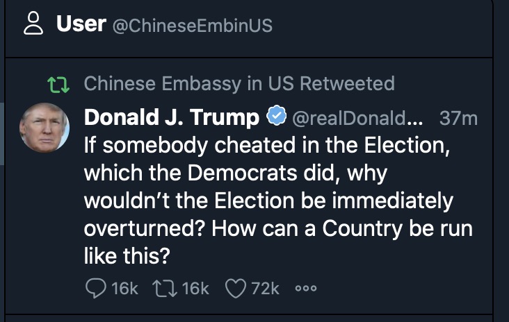 This is notable — and a key marker for those who say Trump’s actions help China: The Chinese embassy in the US has retweeted Trump’s fake claim of election fraud. For autocrats, Trump is helping delegitimize democracy and eroding US standing. Putin has repeated his arguments too.