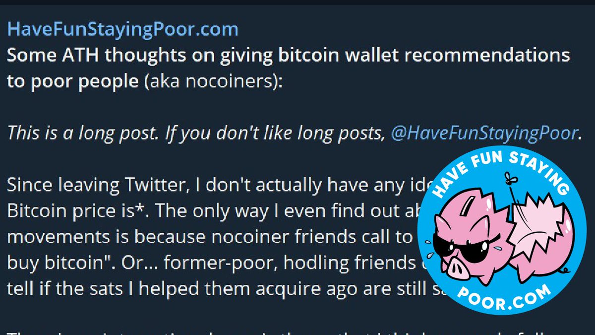 1/ I've been having some forbidden thoughts:I THINK IT'S OK TO RECOMMEND STORING BITCOIN ON EXCHANGES or similar custody services, for some people.During my Twitter break I published some longer posts on my telegram channel. You might have missed them, so, see THREAD