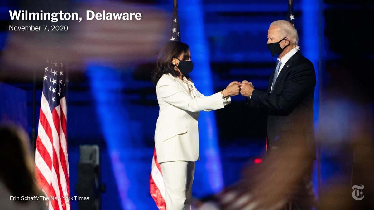 On November 7, five days after Election Day, Joe Biden and Kamala Harris gave their first addresses to the nation as president-elect and vice president-elect, after Pennsylvania’s tally gave Biden the necessary Electoral College votes to secure victory.  https://nyti.ms/39VvBhP 