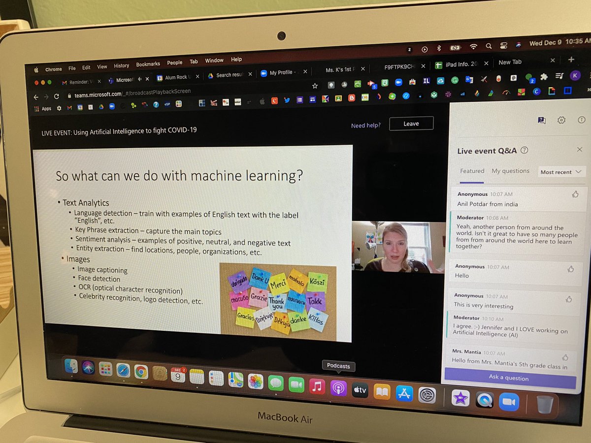 MsGrunewald's tweet image. Attending one of my first @MicrosoftEDU live events on using AI to fight COVID and learning so much! #dpvils #fmslearning