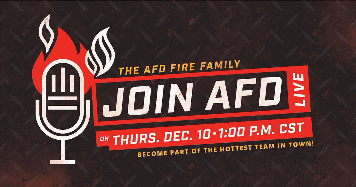JoinAFD's tweet image. Tune in 12/10 at 1 p.m. CST for the next episode of “Join AFD Live”. We'll talk about the AFD Fire Family, quality of life, and pay with a purpose. Look for us on YouTube: youtu.be/aPbxjTLEaRQ. Visit the link now to set a reminder to catch us live or watch later. #JoinAFD2021