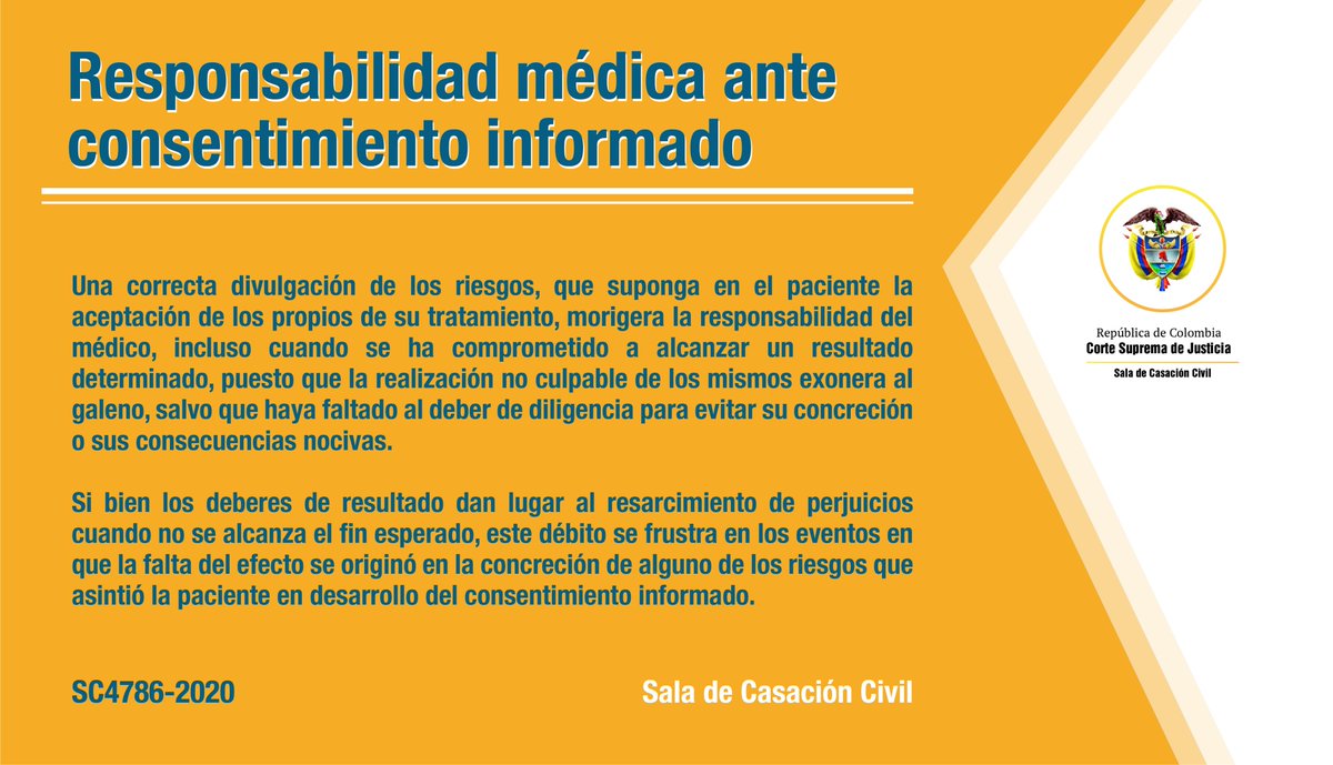 #ResponsabilidadMédica 

En las #CirugíasEstéticas, la aceptación del riesgo propio de su tratamiento por parte de la paciente (#ConsentimientoInformado) morigera la responsabilidad del médico: #SalaCivil de @CorteSupremaJ Ver ➡️bit.ly/37LTtSp

#ConsentimientoInformado