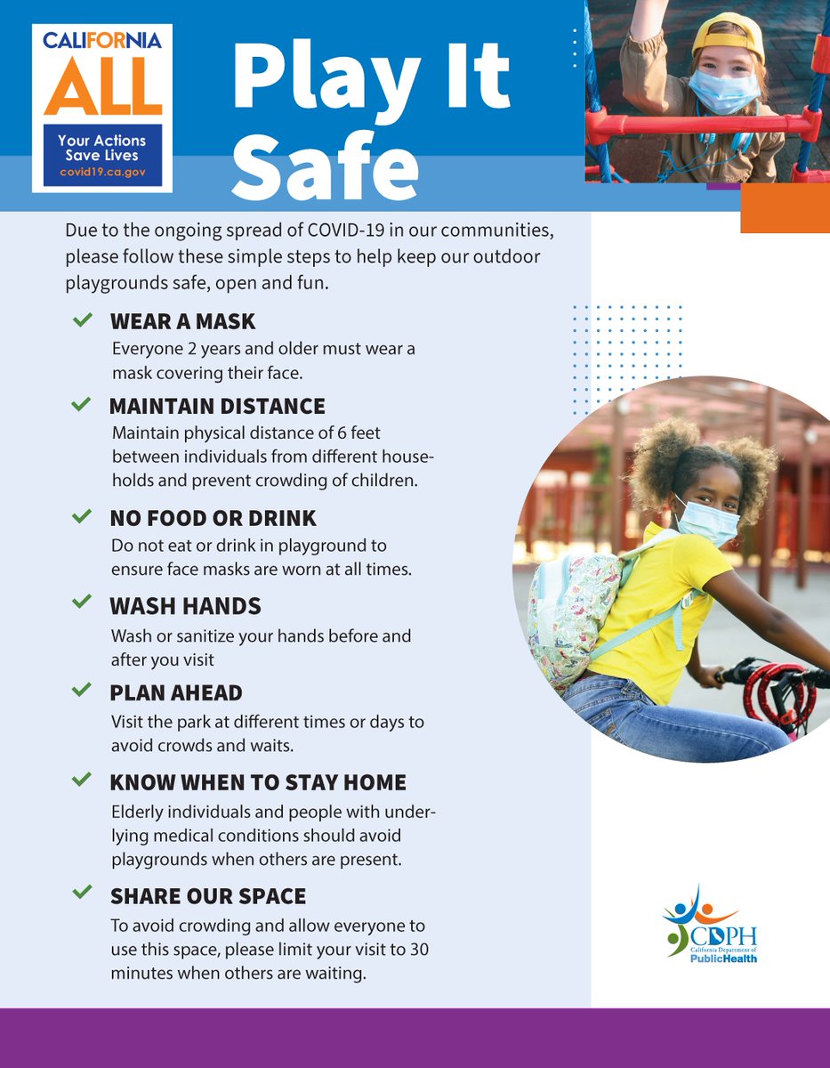 UPDATE ON PLAYGROUNDS
With approval from the California Department of Public Health, playgrounds are allowed to be reopened!
Please remember to Play it Safe and follow the listed playground rules!
#LivableLaMesa #playgrounds