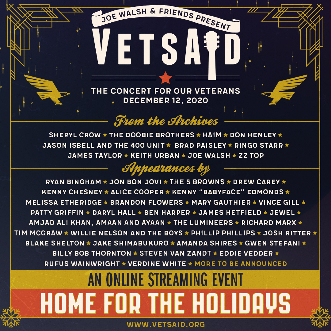 James Hetfield joins <a href="/JoeWalsh/">Joe Walsh</a> &amp; friends to raise funds for veterans &amp; their families in a multi-hour rock festival streaming direct from Joe's house to yours this Saturday, Dec 12. $20 passes available at vetsaid.veeps.com. All proceeds go directly to veterans services.