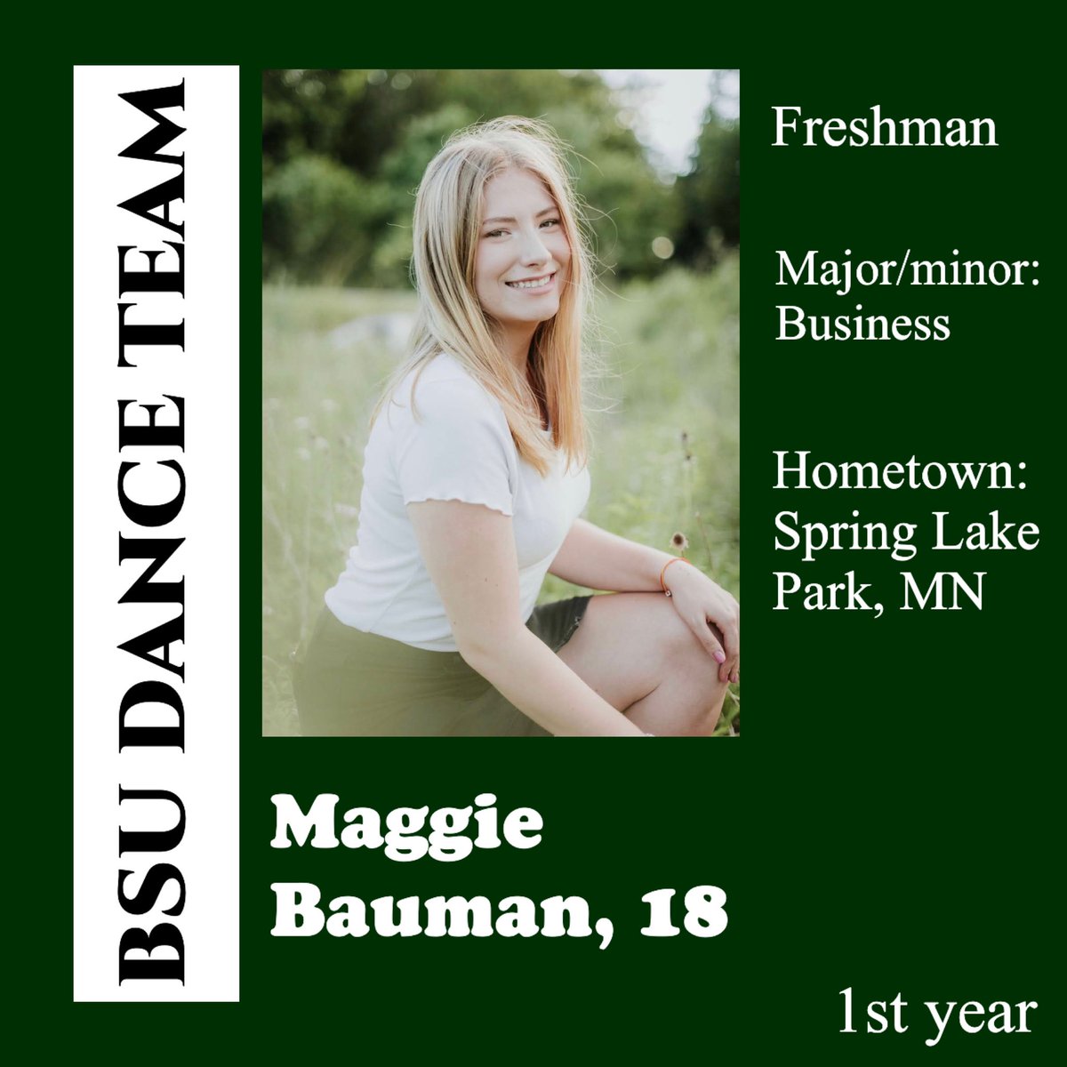 BSUDT's tweet photo. Meet Maggie, one of our newest members of the team!

She’s been dancing for 10 years now though her dance studio and high-school dance team! Welcome💚 https://t.co/YZQnR4IxNI