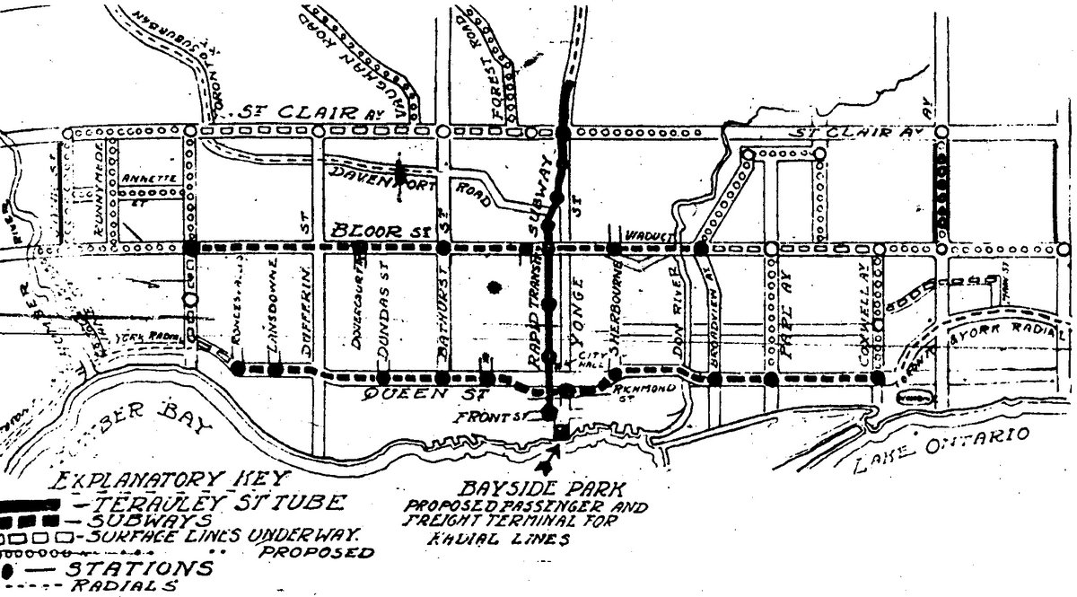 Hocken warned that "Toronto is notorious for postponing necessary improvements until the cost has doubled or trebled." Estimated to cost a little over $5 million in 1911 dollars, the proposed subway line would have run from Front Street to St. Clair Avenue. 2/3