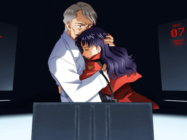 Tandis qu'au foyer des Katsuragi, le père se montrait bien souvent absent, toujours au travail. La petite Misato commença à développer une véritable haine envers son père, qui n'avait probablement jamais pris le temps de dire à sa fille combien elle comptait pour lui. (image PS2)