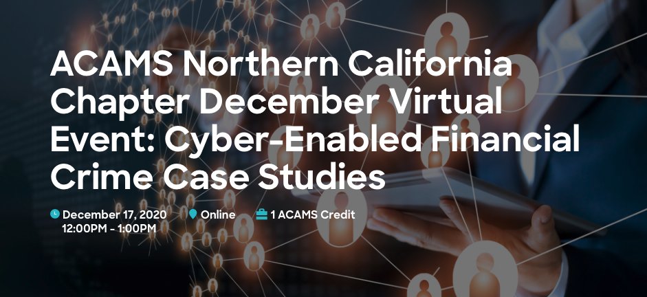 Please join us for Virtual Conference - Cyber-Enabled Financial Crime Case Studies

Thursday, December 17, 2020
12:00 PM – 1:00 PM 
FREE for Everyone
1 CAMS Credit* 

REGISTER HERE: lnkd.in/gsVpXti

#ACAMS #amlcompliance
