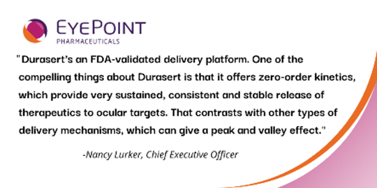 EyePointPharma's tweet photo. We had a great #wetAMD roundtable event last week where CEO Nancy Lurker spoke about the company’s #Durasert technology and how it helps deliver sustained therapeutics to the eye. Click here to learn more: https://t.co/1v8A5O2ckz https://t.co/jL10TlYXq7