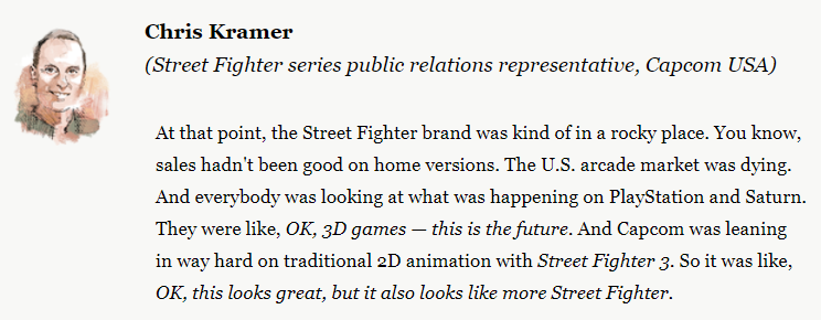 Street Fighter III came out at the exact worst time possible. When arcades were dying, consoles were booming and 3D was the new king. All these factors created an environment where very few people could appreciate the game upon release.