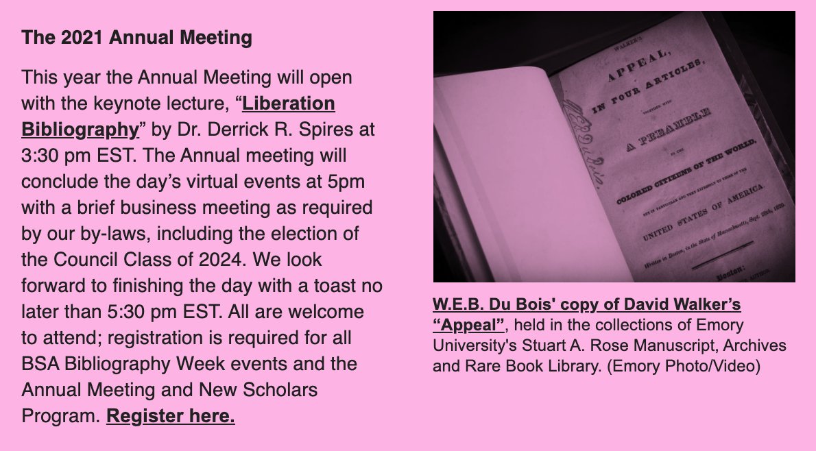 On Friday we wrap up with the New Scholars Panel &amp; Annual Meeting. Congrats to <a href="/sophia_stories/">Dr Sophia Brown</a>, Ryan Low, and Mathieu D.S. Bouchard for their winning proposals.

And <a href="/drkmttr82/">Derrick R. Spires</a> will keynote our Annual Meeting!

Abstracts &amp; free registration at bibsocamer.org/programs/annua…
