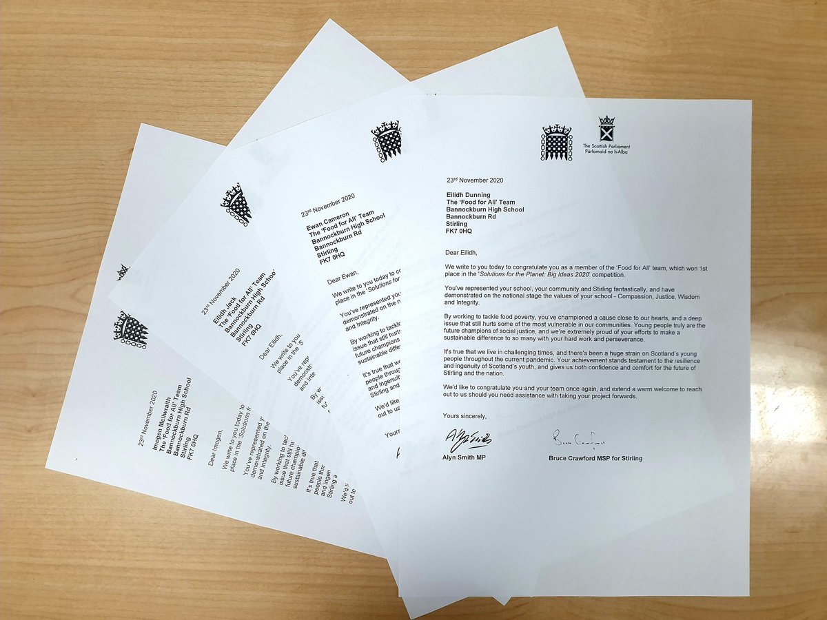 A postal delivery from the Scottish Parliament!
Such a proud moment when your team of pupils receive a letter of congratulations for their efforts and achievement in the @S4TP_BigIdeas competition. Thank you <a href="/AlynSmith/">Alyn Smith</a> and well done <a href="/FoodforAllSFTP/">Food for All</a> from @BannockburnHigh.