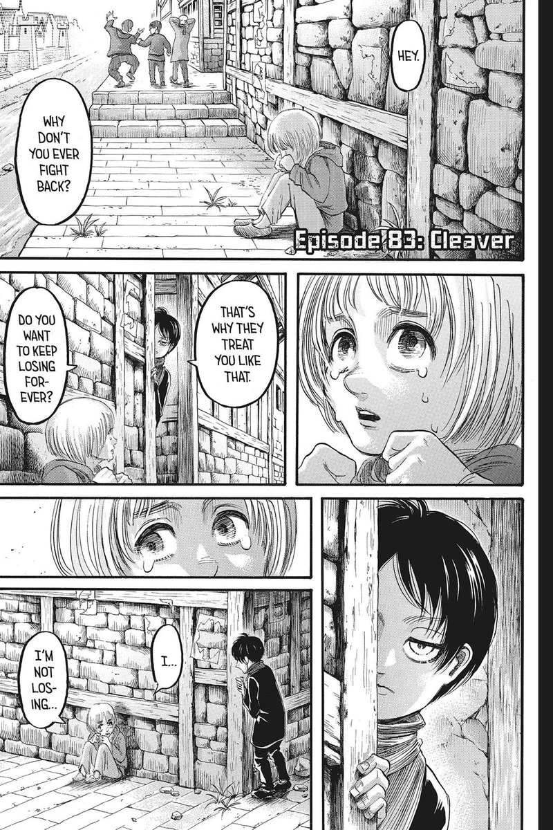 > their first meetingIt's pretty interesting if you see that eren somehow adapted armins answers to him that day.armin: "I'm not losing because I'm not running away."eren: "if we don't fight , we cant win. fight, fight."they both fight, but in different way.