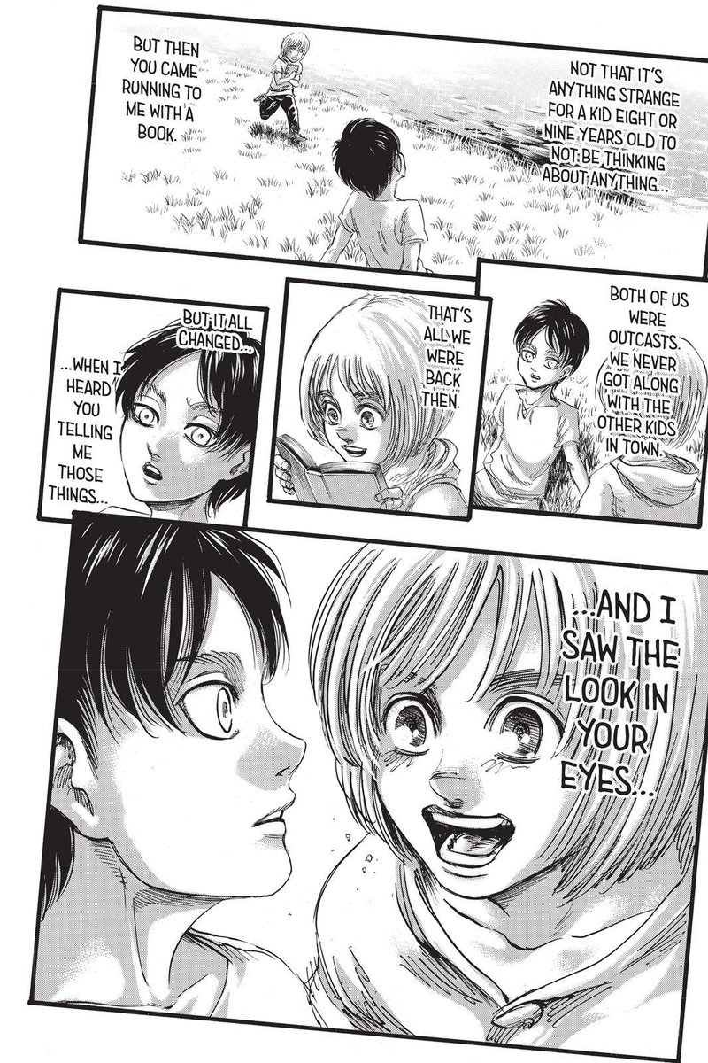 > the dreams and freedomthis was the first time armin told eren all about the outside world from armin's book. the moment eren saw the glimmer of hope in armin's eyes was the moment where eren said he felt like he wasn't free.for me, eren saw armin's dreams as freedom.