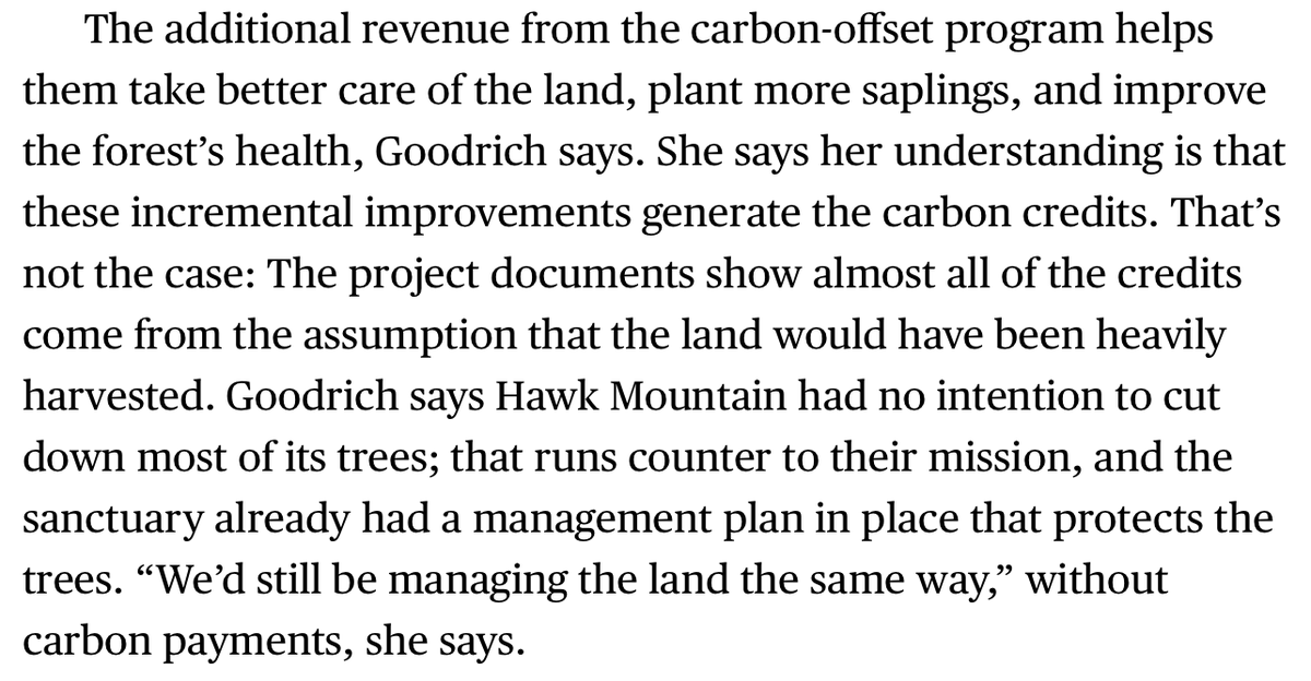 5/ This is what these credits in the Bloomberg story stand accused of. The landowner said there was no intention of cutting down the trees, and she thought the offsets were paying for incremental improvements to the land. But that's not what the American Carbon Registry claims!