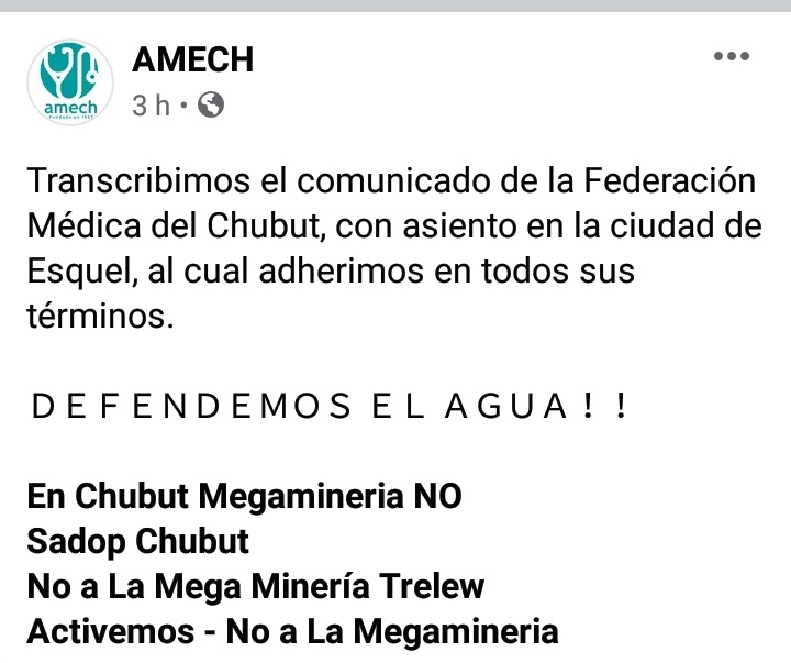 aleseputrelew's tweet photo. #ChubutAguazo La #AMECH se suma y adhiere al pronunciamiento de la Federación Médica con asiento en Esquel, difundido la semana pasada. https://t.co/feWtM2RJDl
