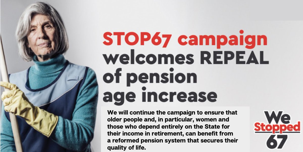 SIPTU's tweet photo. We will continue the #stop67 campaign to ensure that older people and, in particular, women and those who depend entirely on the State for their income in retirement, can benefit from a reformed pension system that secures their quality of life. #STOPPED67 https://t.co/04vEV7uuwF