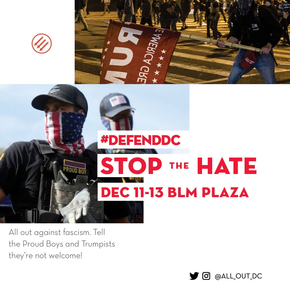 Whenever the far right shows up with dozens or hundreds we should show up with thousands. The alt right is mobilizing to spread hate,  #defenddc from fascist street gang the proud boy’s