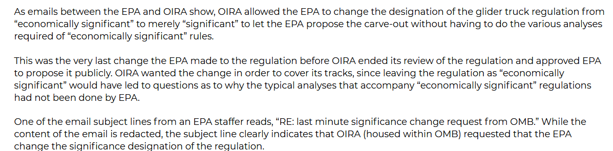 And OIRA conspired with EPA to hide the evidence by changing a few key terms before allowing  @EPA to issue the carve-out. Who needs cost-benefit analysis when you have polluter to please?  https://sensiblesafeguards.org/letting-dirty-trucks-glide-past-pollution-protections/
