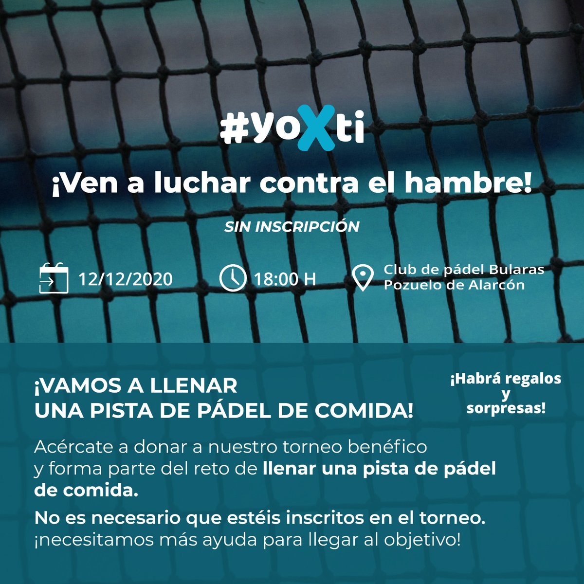 yoXti_ayuda's tweet photo. *Ven al 1º torneo de pádel YoXTi*

El próximo sábado 12 ven a ver nuestro *primer torneo benéfico de pádel* y dona alimentos para que consigamos el reto de *llenar una pista entera de comida.* Ya se han cubierto las plazas para participar, https://t.co/aCgRCtjZRy