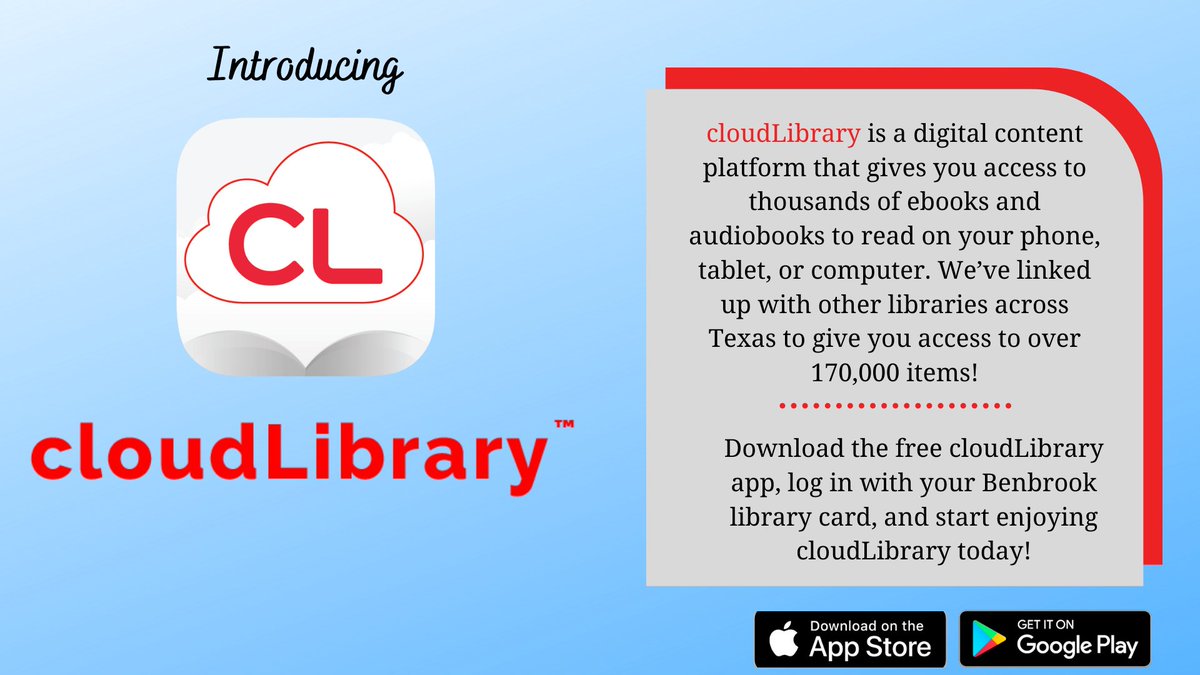 BenbrookLibrary's tweet image. Have you tried cloudLibrary yet? It&apos;s a new way for you to enjoy a big collection of eBooks and eAudiobooks! Download the free cloudLibrary app or visit ebook.yourcloudlibrary.com/library/benbro… to get started with cloudLibrary today!