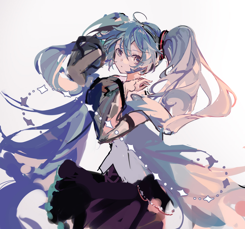 hatsune miku 1girl solo long hair twintails skirt white background detached sleeves  illustration images