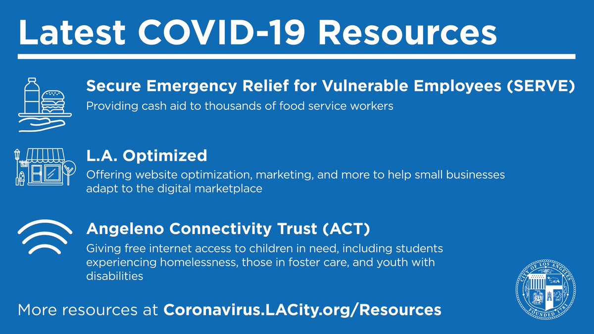 Latest COVID-19 Resources

Secure Emergency Relief for Vulnerable Employees (SERVE)
Providing cash aid to thousands of food service workers 

L.A. Optimized
Offering website optimization,  marketing, and more to help small businesses adapt to the digital marketplace

Angeleno Connectivity Trust (ACT)
Giving free internet access to children in need, including students experiencing homelessness, those in foster care, and youth with disabilities

More resources at Coronavirus.LACity.org/Resources.