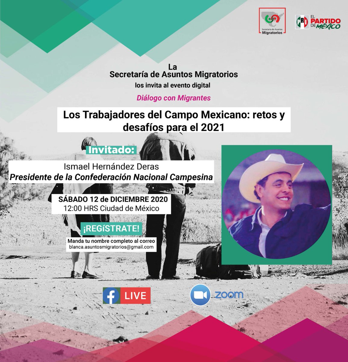 migratorioscdmx's tweet photo. La @DeMigratorios y las Secretarias de Asuntos Migratorios Estatales  tienen el honor de invitarlos al Foro "Los Trabajadores del Campo Mexicano", en el que se contara con la distinguida presencia del Dip.@hernandezderas 
🗓️Sábado 12 de Diciembre 
🕛12:00 hrs (Tiempo de la CDMX) https://t.co/WSqAsqtnJ6