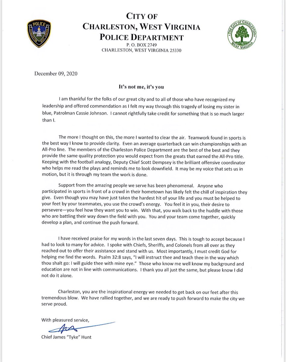 JakeFlatley's tweet photo. Charleston Police Chief Tyke Hunt pens this letter to the Charleston area following the events of the past week. 

CPD Officer Cassie Johnson was laid to rest on Tuesday.

“It’s not me, it’s you.” https://t.co/PTFeWOwoMH