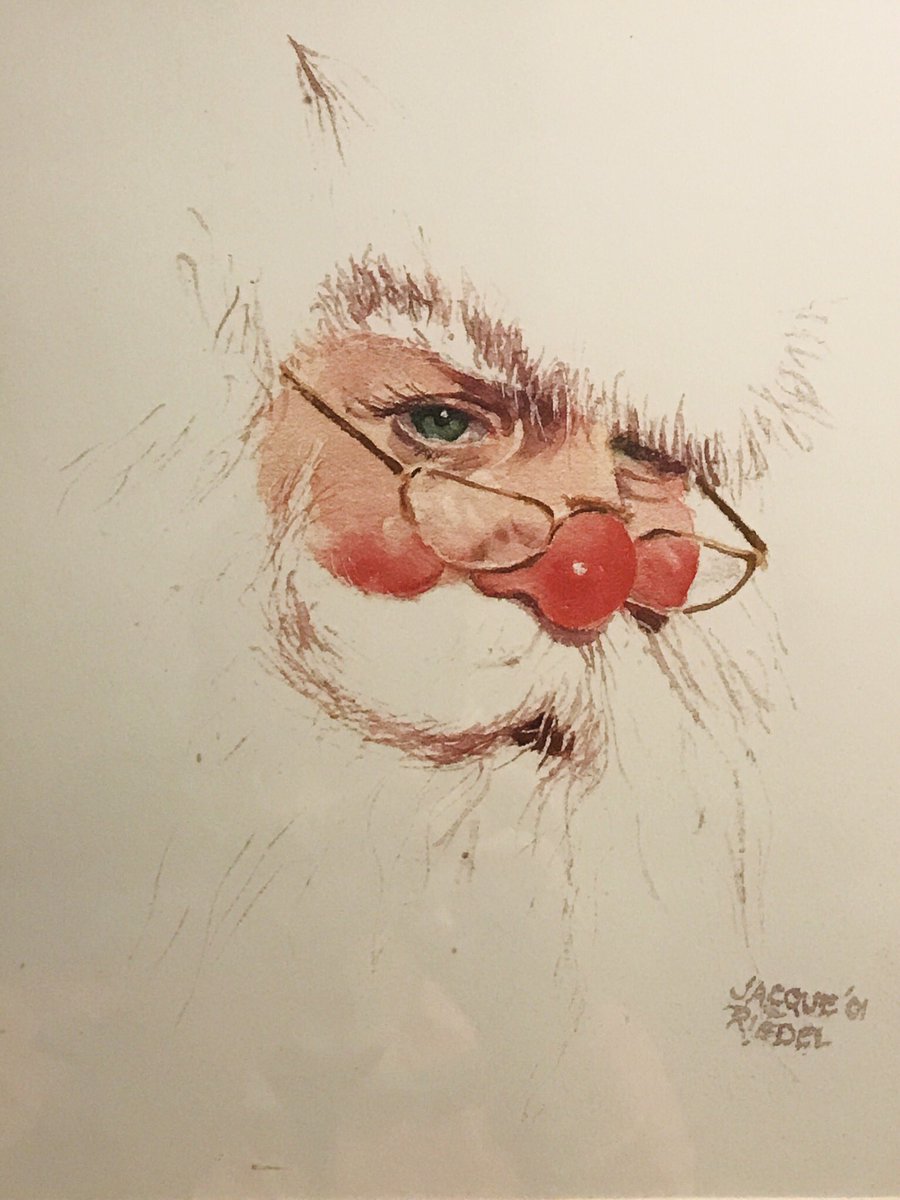 04Cosmo's tweet photo. Anyone who knows me, knows I love Santa’s. This remains one of my favorite gifts of all time. A water color painting made by a local artist. It’s been framed and gets hung every Christmas 🎄❤️ #ThanksBart https://t.co/3TIGL7FSN2