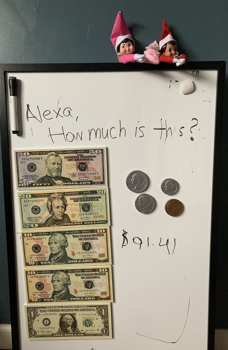 Sullivanc1818's tweet photo. Alexaโs elves came this morning with a math problem #learningmoney @Moran_GRADE1 @WWP_Dalers https://t.co/Rt9yuU2Rfk