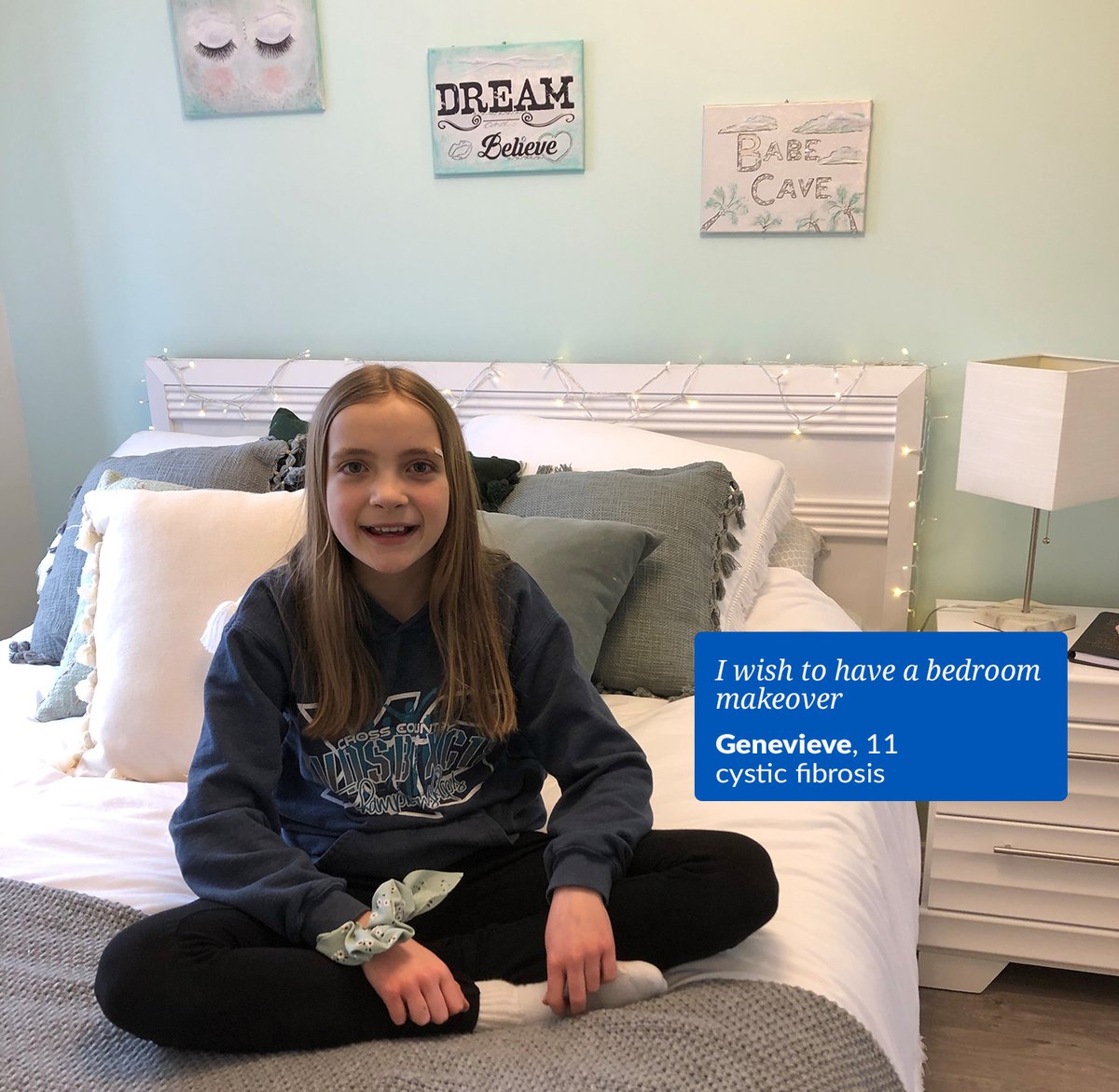 Genevieve is an artistic 11-yr. old living with cystic fibrosis. Her wish was for a room makeover &amp; a space to call her own. She is so excited to make new memories in her new room. Give the gift of a wish to more kids like Genevieve. Donate today makeawish.ca/giftofawish.