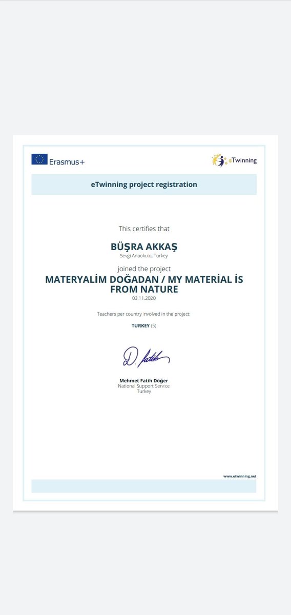 Bu da projemizin katılım sertifikası 👏👏👏
<a href="/KeciorenMem/">Keçiören İlçe Milli Eğitim Müdürlüğü</a> <a href="/tcmeb/">Millî Eğitim Bakanlığı</a> <a href="/tretwinning/">eTwinning Türkiye</a> @ArgeAnkara <a href="/MDogadan/">MATeryalim Doğadan</a>