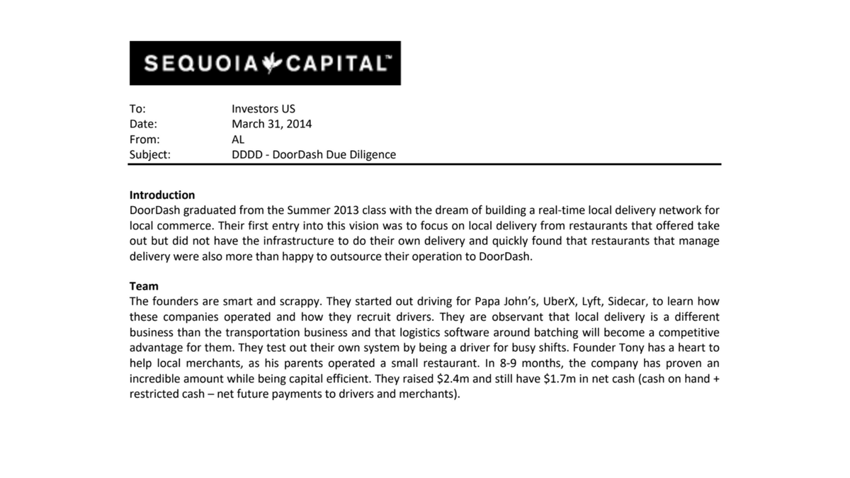 1/ Huge congrats to the  @DoorDash team on today’s IPO! As the team celebrates today's milestone, I thought it would be fun to take a walk down memory lane. Here’s a snapshot of the internal memo I published on DoorDash in 2014, just before our Series A partnership.