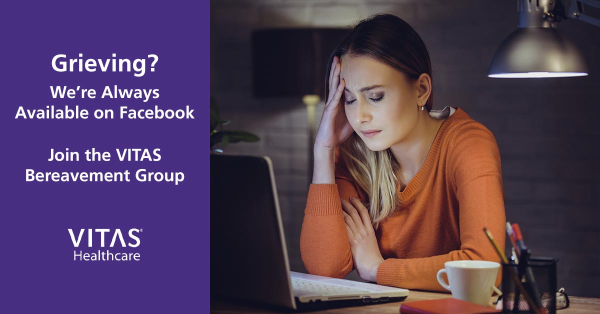 VITAS's tweet photo. Our #BereavementGroup on #Facebook is an online, always-available #supportgroup for anyone dealing with #grief, loss, or sadness. Moderated by our bereavement specialists, the group is a place to find help 24/7 from someone who understands. #JoinOurGroup https://t.co/mzSXffRW8p https://t.co/PeQxVaQvlg