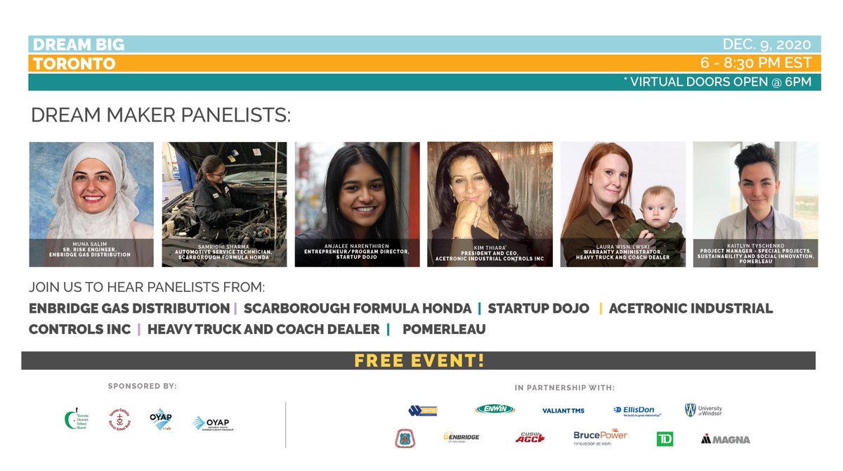 Dream Big Toronto - GTA Career Expo- Explore exciting careers at this FREE online event for YOUNG WOMEN in grades 7-12 (and their parents/guardians) tonight at 6:00 pm!