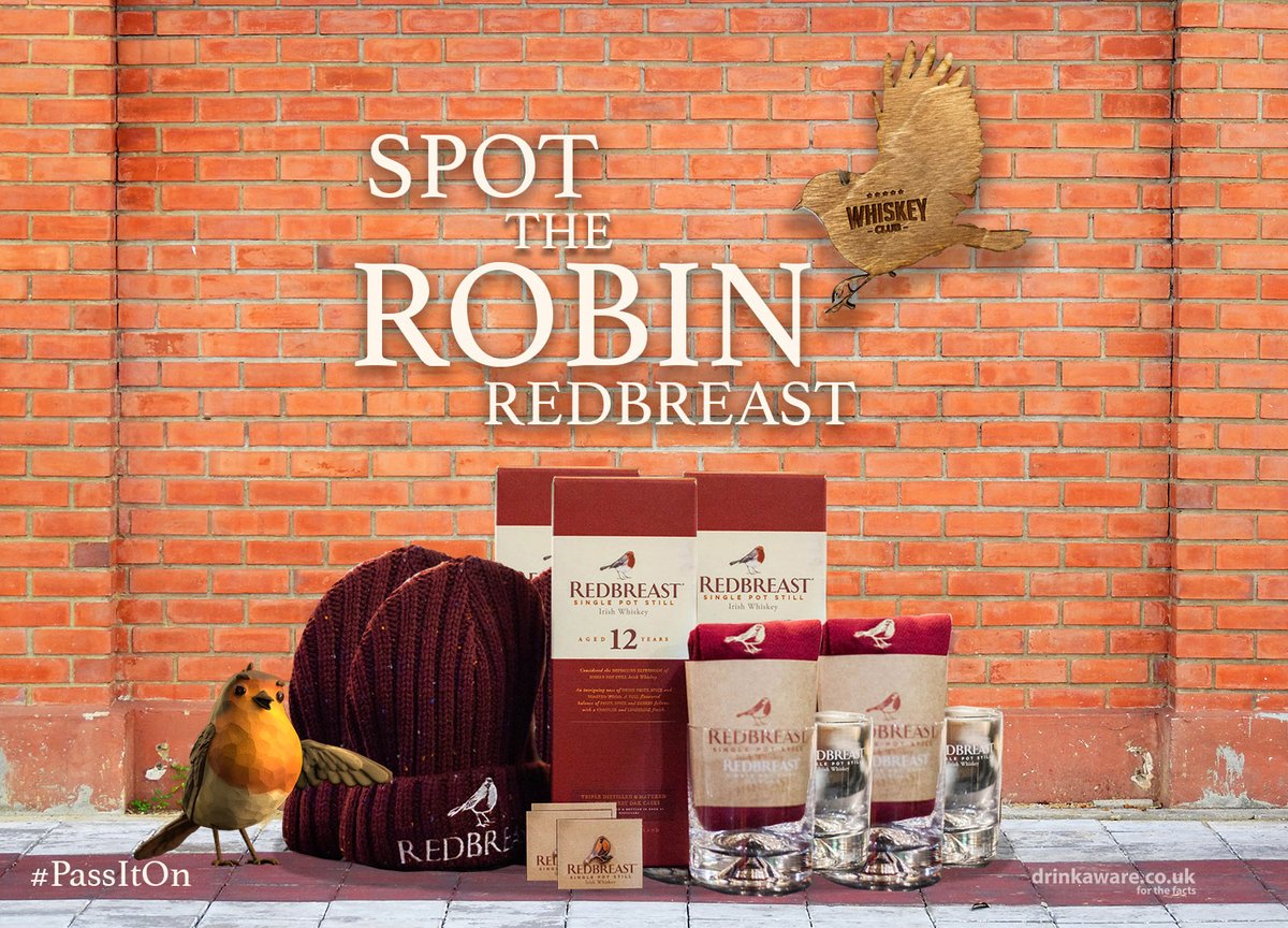 WhiskeyClubNI's tweet photo. Robin Redbreast - the spokesbird of Redbreast Irish Whiskey - has been hopping about #NorthernIreland this week, leaving gifts for you to find.

His prize nest includes bottles of Redbreast 12YO, Hats, Pins, Cocktail Shakers, Glasses, Socks &amp; Notebooks. 

Clues soon... #PassItOn https://t.co/qyjYupK4DK