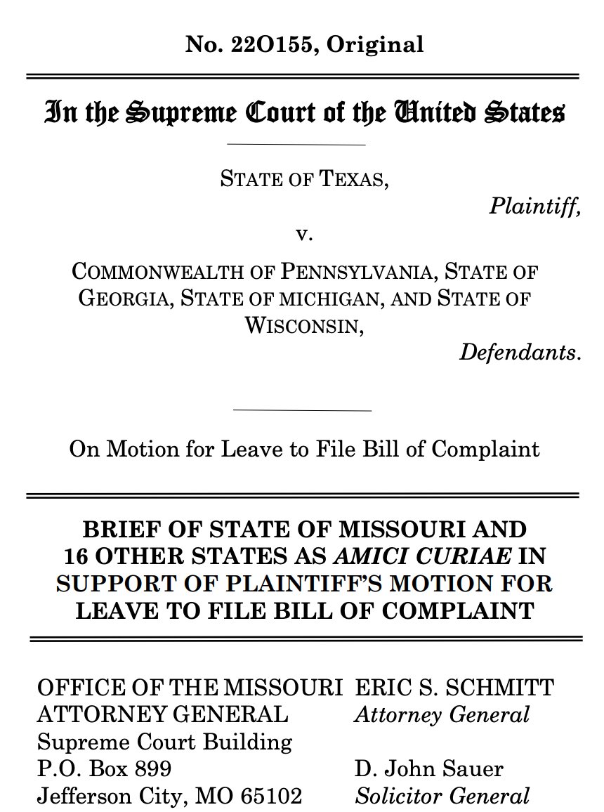 While no more legally valid than Texas's initial filing, this entire concept, and the fact that these people are going along with this fact-free undermining of democracy, is really appalling.  https://www.supremecourt.gov/DocketPDF/22/22O155/163215/20201209144840609_2020-12-09%20-%20Texas%20v.%20Pennsylvania%20-%20Amicus%20Brief%20of%20Missouri%20et%20al.%20-%20Final%20with%20Tables.pdf