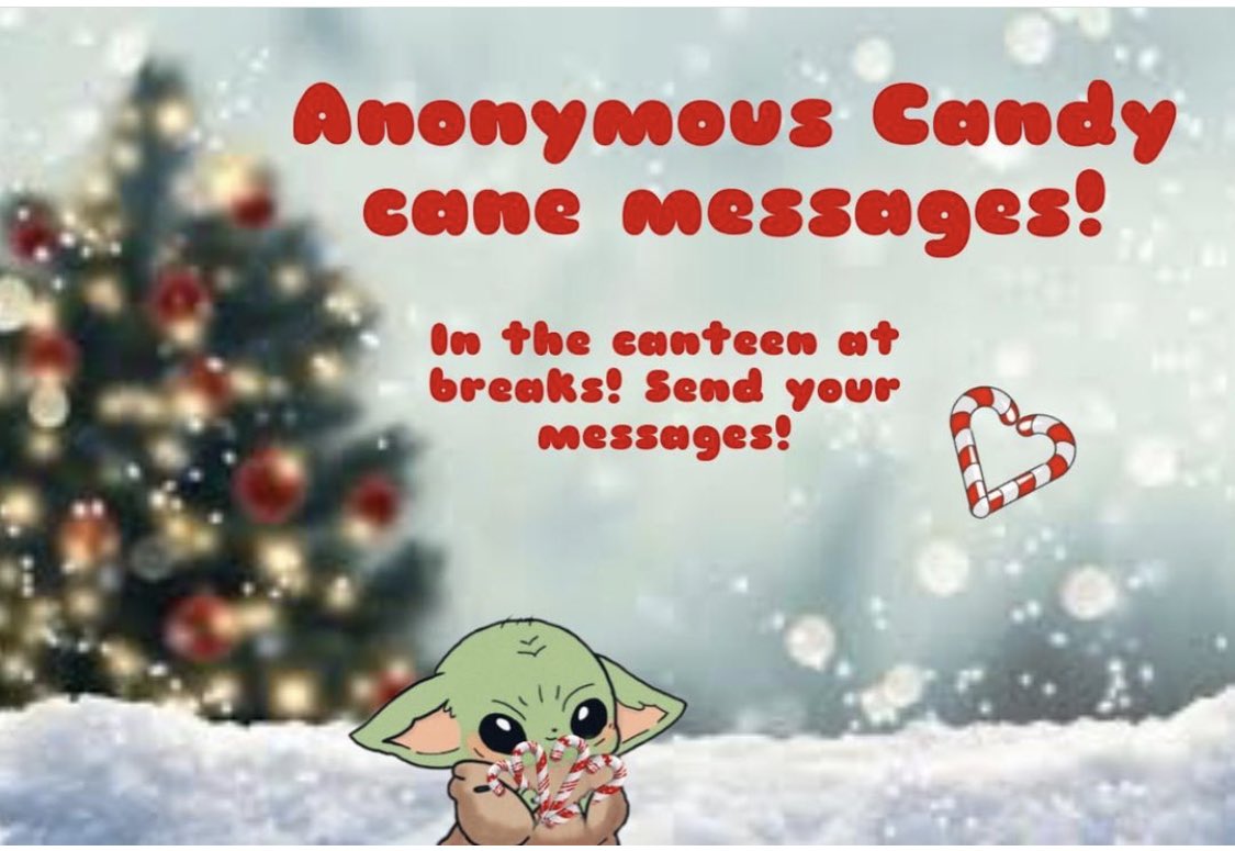 ehs_s6's tweet photo. 🎄 CANDY CANE MESSAGES🎄
•send an anonymous candy cane message to someone in school for 50p 🤫
•For sale in the atrium at break-time! 🎅🏼
•Candy canes will be delivered by S6s on the last day of term 🍬 https://t.co/11DHyoy4cw