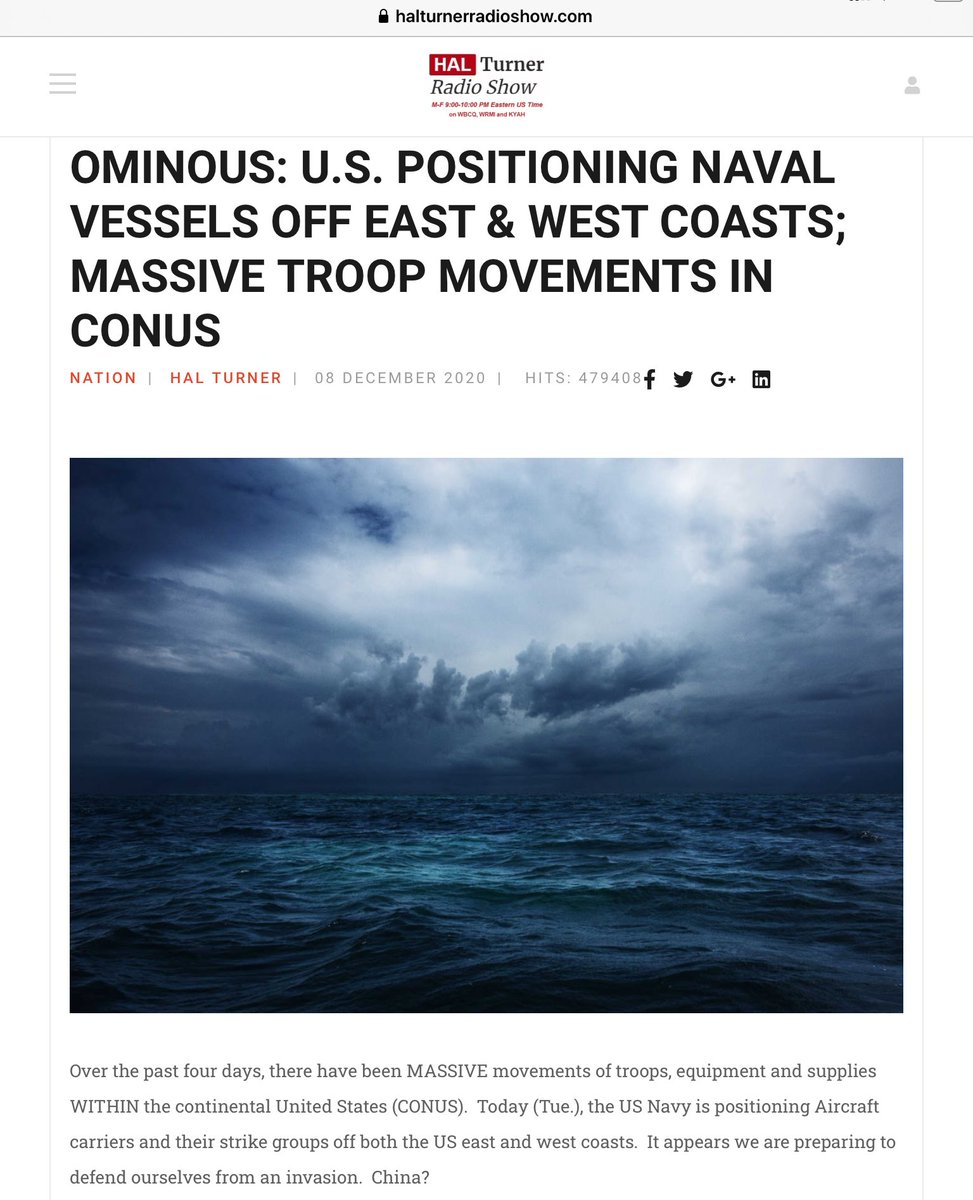 U.S. Positioning Naval Vessels Off East & West CoastsMassive Troop Movements in Continental US12/5/20: 25 C-17 aircraft were in skies over USA, carrying troops & equipment from around nation..Going to Nellis Air Force Base, Nevada... @POTUS  @GenFlynn  https://halturnerradioshow.com/index.php/en/news-page/news-nation/ominous-u-s-positioning-naval-vessels-off-east-west-coasts-massive-troop-movements-in-conus