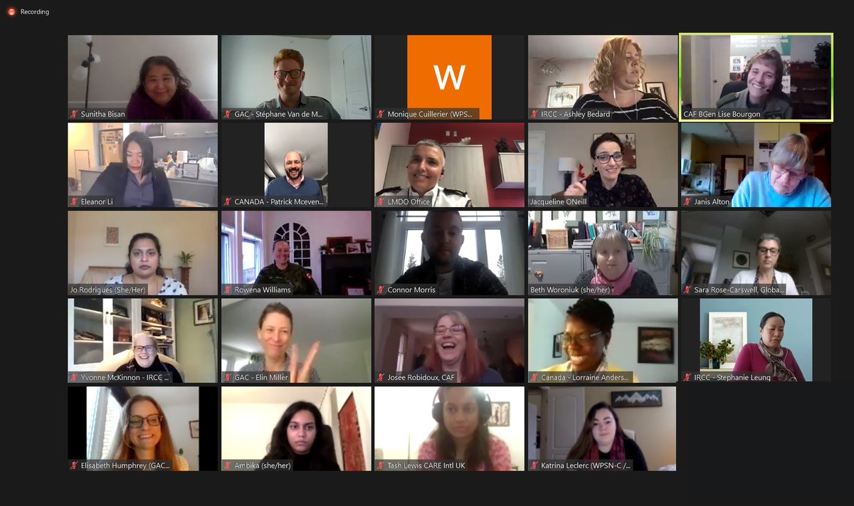 Réunion biannuelle du groupe de consultation #FPS sur le plan national d’action du 🇨🇦: quel privilège d’avoir des représentants des 9 partenaires gouvernementaux du #PNAC et tant de membres d'organisations de la société civile. Merci <a href="/WPSNCanada/">Women, Peace and Security Network-Canada (WPSN-C)</a> d’avoir organisé ceci avec nous !