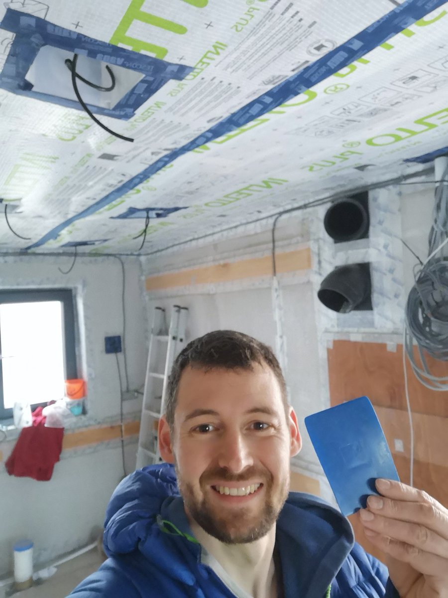 Wildster's tweet photo. At it again with the airtight tape... need to buy shares in The Green Building Store 🤣 @passivhausnews #airtight #passivehaus #greenbuilding #optimedownlighthousing https://t.co/jV4AordQMq